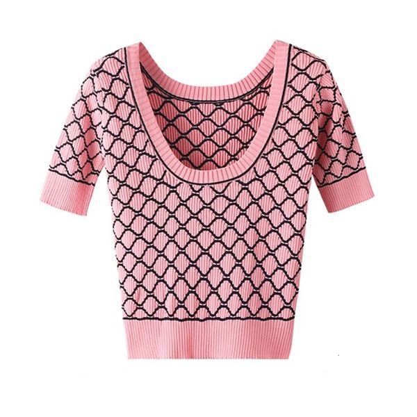 

women's t-shirt pink plaid knitted t shirt women u-neck backless tshirt short sleeve casual thin short tee shirt summer womens clothes, White