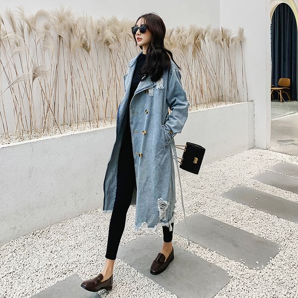 

chic retro denim trench coat women's mid-length over the knee 2023 spring waist temperament y2209, Tan;black