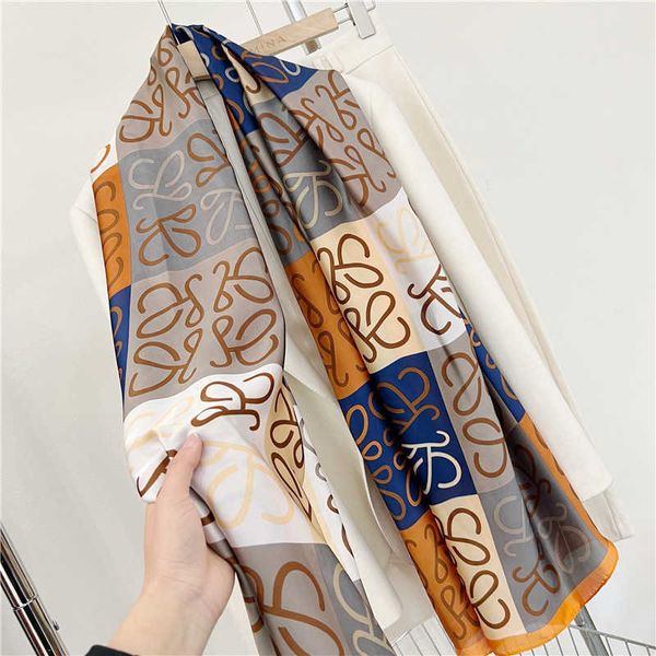 

loe roewe silk high end french satin scarf women's spring autumn summer long and shawl dual use, Blue;gray