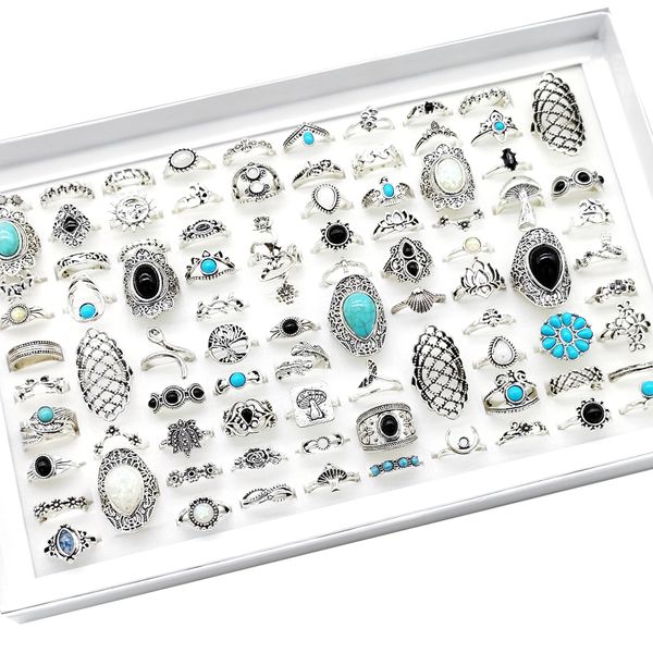 

wholesale 20/30/50pcs lot mix design bohemia stone vintage rings for women antique silver plated party gift finger jewelry accessory bulk, Slivery;golden