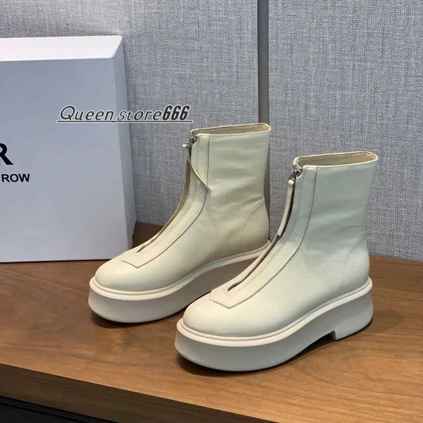 

the row white smooth leather ankle chelsea boots platform zip slip-on round toe block heels flat wedges booties chunky boot luxury designer, Black