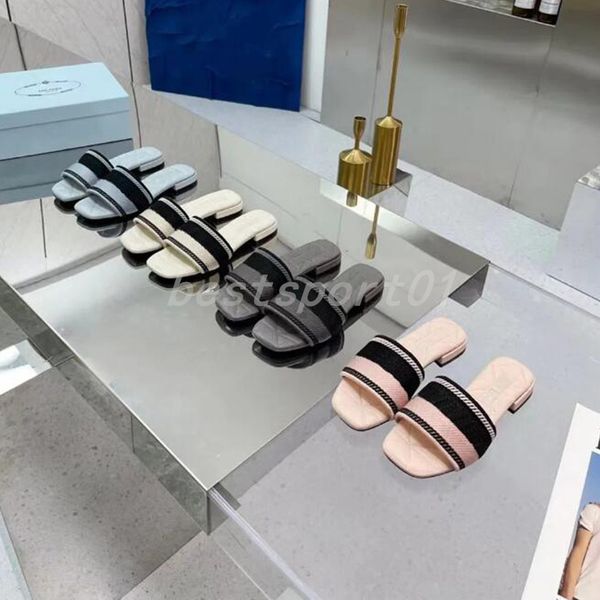 

designer slides women embroidered fabric slippers metallic slide sandals luxury p sandal triangle chunky heel fashion summer beach low heel, Black