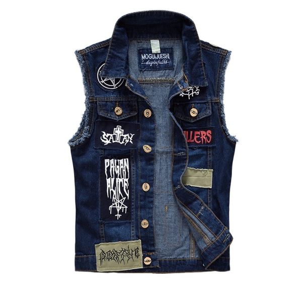 

men's vests yelek erkek men's patches design jeans vest ripped denim waistcoat men denim vest man sleeveless jeans vest frayed siz, Black;white