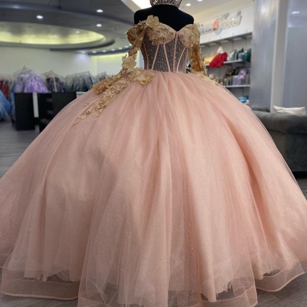 

2023 sweet 16 pink shiny ball gown dress quinceanera dresses off shoulder crystal 3dflower prom gowns vestido de 15 anos, Blue;red