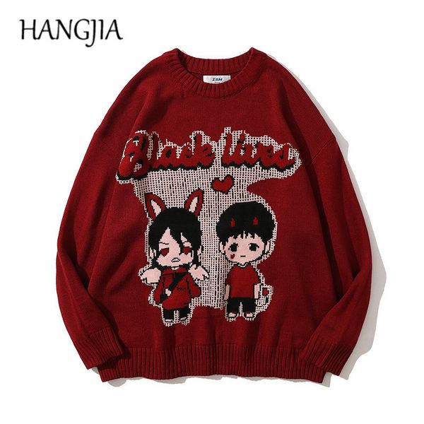 

men's sweaters angel women black lived couples harajuku knitting knitwear men oversized japanese anime cartoon knitted sweater 230803, White;black