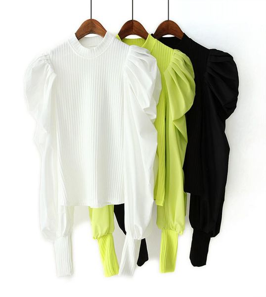 

chic women pullover sweater autumn 2019 new fashion puff sleeve stretch knit body patched poplin sleeve modern lady ruffles t3767601, White;black