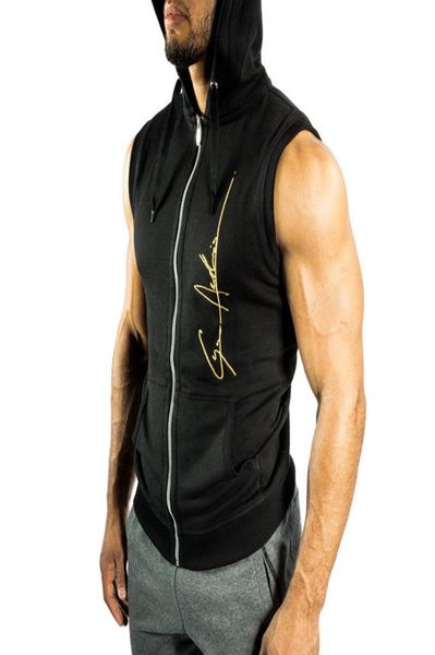 

men bodybuilding sleeveless hoodie sweatshirt gyms fitness workout cotton sportswear male brand hooded vest clothes8508393, Black