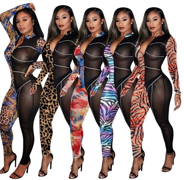 

women nightclub clothing leopard printed mesh patchwork jumpsuits zipper long sleeve rompers bodysuits onesies plus size clot4300857, Black;white