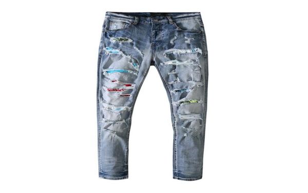 

mens jeans color stickers holes frosting casual fit slim trend1779419, Blue