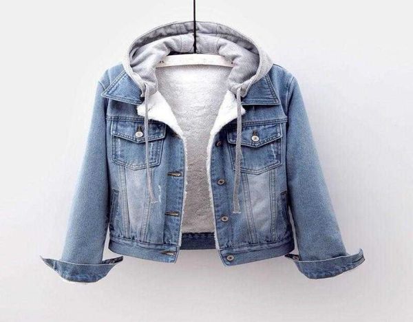 

women039s jackets 2021 women denim jeans coat hooded autumn winter thick fleece fur plush lining short vintage long sleeve9907525, Black;brown