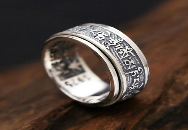 

thailand silver real 925 sterling ring men tibetan buddhist heart sutra rotate ring fine jewelry vintage dragon9799644