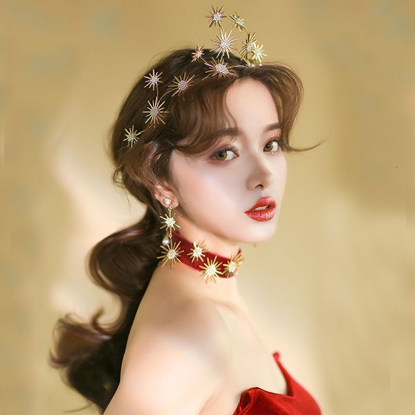 

wedding jewelry sets set concise vintage necklace earrings suit bride dress accessories star crown burgundy choker diadem 230803, Slivery;golden