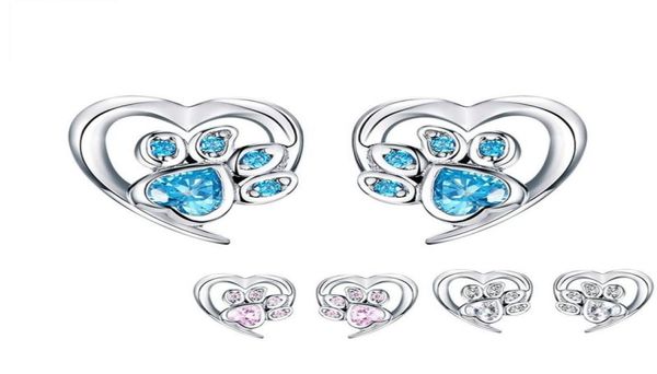 

blue crystal pet paw stud earrings for girl heart shape cz footprint ear studs jewelry women design bijoux sce65432155088908653, Golden;silver