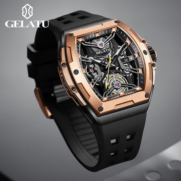 

wristwatches gelatu original luxury watch for men automatic mechanical tonneau waterproof silicone strap sapphire crystal skeleton wristwatc, Slivery;brown