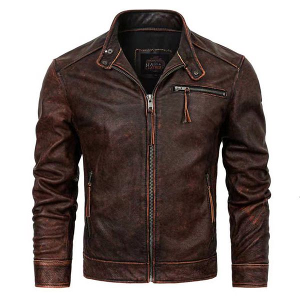 

men's vests 2023 spring leather motorcycle jacket stand collar retro style coat layer cowhide calfskinm1926 230802, Black;white