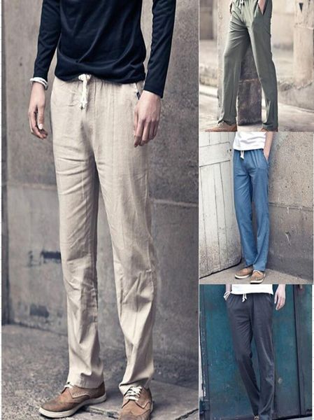 

whole casual elastic waist linen full length summer home wear sports loose men trousers mens pants mj0999184680, Black