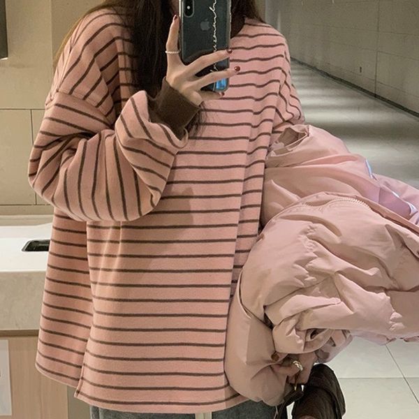 

women's t-shirt houzhou pink striped tshirts women long sleeve harajuku oversized korean fashion streetwear autumn winter aesthetic t-s, White