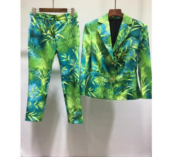 

summer women039s two piece pants blazer coat vintage print green jungle print party sets vestidos 2010076399583, White