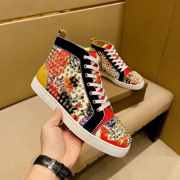 

luxury brand men's fashion designer shoes rivets women red bottom flats high men handmade spiked man party wedding dress shoes, Black