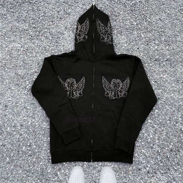 

y2k full zip up hoodie men's hoodies skeleton men autumn winter sweatshirt hip hopoversized gothic rhinestones web jacket x2k9, Black