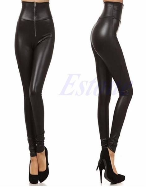 

lady woman faux leather leggings zip up patchwork highwaist elastic pants y200904210f1969513, Black