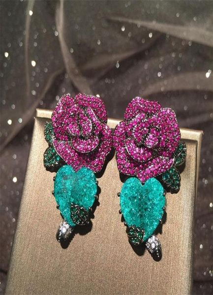 

fashion green leaf heart and red rose flower luxury earring dangle 2103176203626, Silver