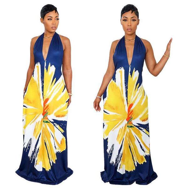 

summer womens dress backless hanging necklace print long, Black;gray