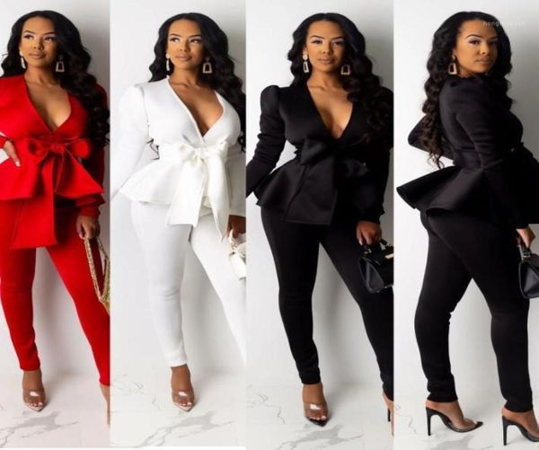 

two piece dress women winter women039s set tracksuit plus size ruffles bow blazers pants suit 2 office lady business uniform ou1136144, White