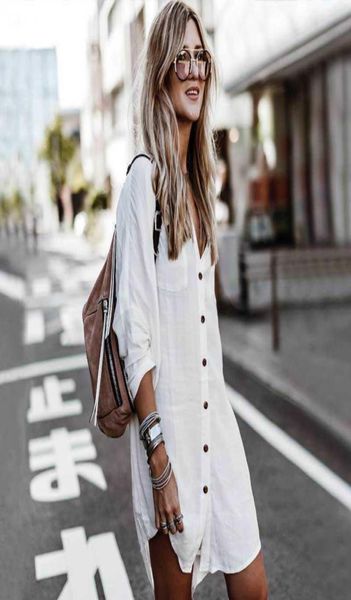 

boho inspired long roll up sleeve shirt women loose beach tunic covers vneck button asymmetric blouse bikini cover up white t4162492
