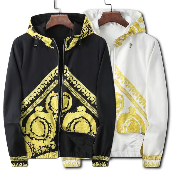 

fashion mens jackets double sided wear jacket flower v-neck zipper with hooded autumn winter long sleeve coats, Black;brown