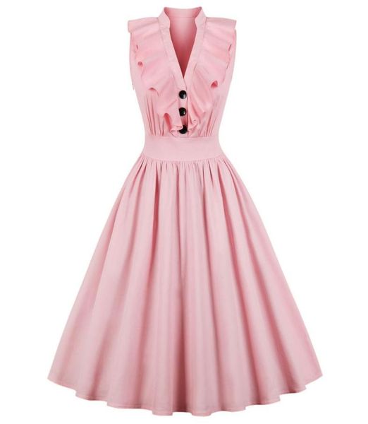 

women audrey hepburn 1950s 60s party vintage dress plus size 4xl ruffles button v neck high waist retro dress feminino vestidos dk1287151, White;black