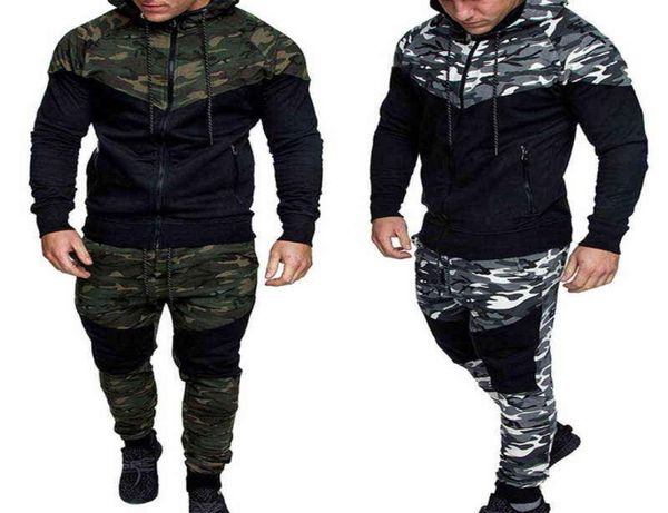 

men causal camouflage print sets camo jacketpants 2pc tracksuit sportwear hoodies sweatshirt pant suit plus size y12213743637, Gray
