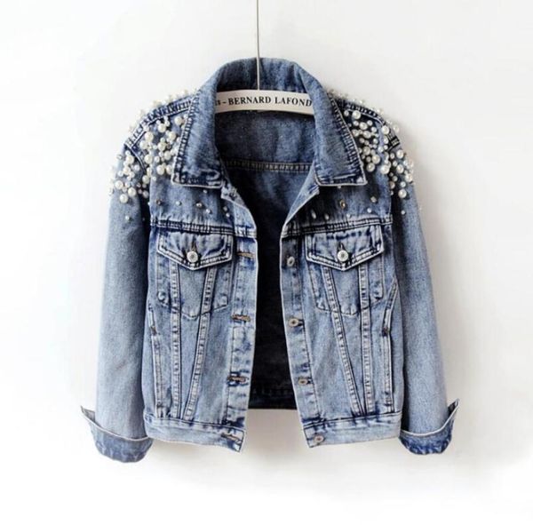 

spring autumn woman basic coats women denim jacket pearls beading fashion jeans coat loose long sleeve jackets w10217283355, Black;brown
