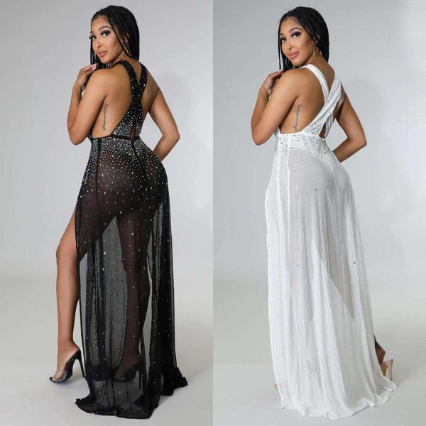 

item title autumn and winter womens mesh see through drilling split dress for women, Black;gray