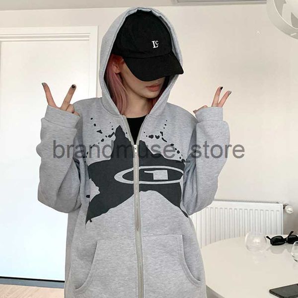 

womens hoodies sweatshirts vintage sweatshirt women stars print casual zip up hoodies women hip hop harajuku punk goth grunge y2k clothes st, Black