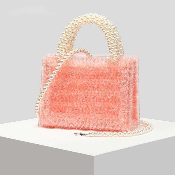 

evening bags wool woven pearls handbags 2023 handmade small square clear shoulder bag ladies beaded chain knitting purse 230427