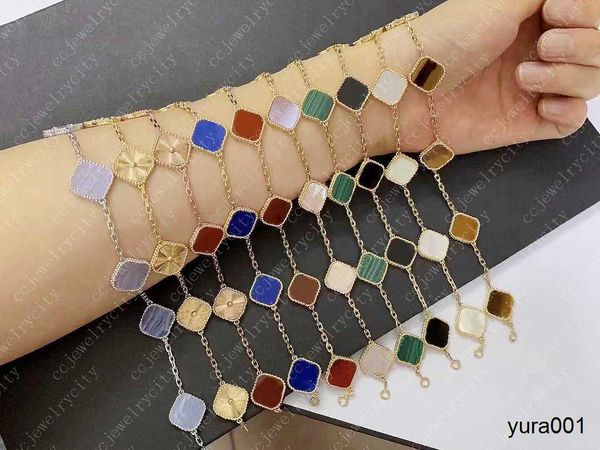 

luxury laser four-leaf clover bracelet van brand four-leaf clover charm bracelet 18k gold-plated silver malachite onyx never tarnish self te, Golden;silver