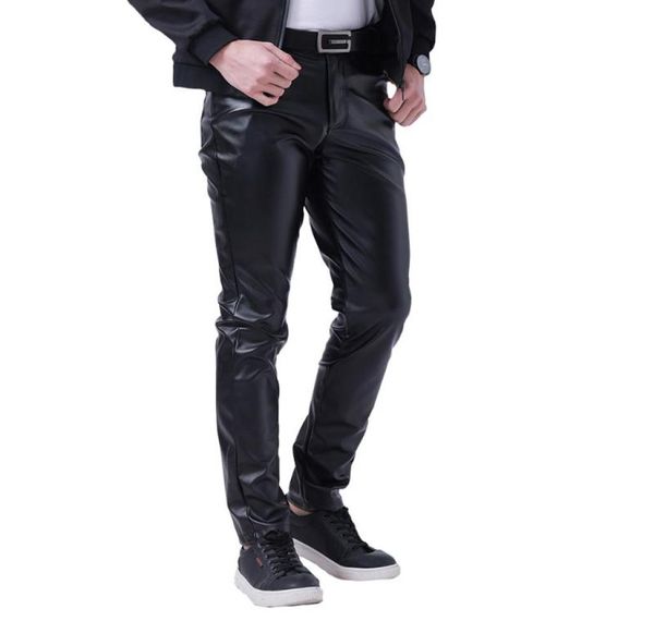 

men039s pants spring motorcycle skinny straight faux leather men white red slim fit thin pu trousers brand clothingmen039s6471448, Black