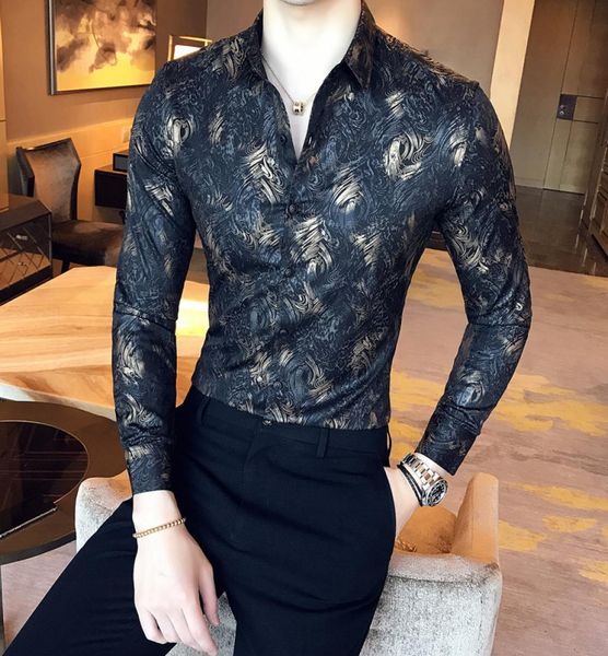 

2018 autumn and winter new boutique fashion gold silk print men039s casual longsleeved shirts slim leisure men039s shirts4770369, White;black
