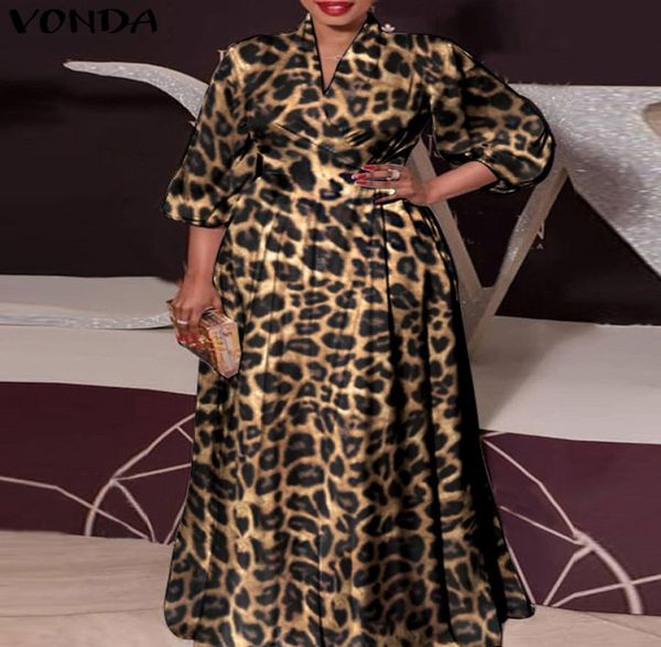 

vonda women long maxi dress vintage leopard printed lantern sleeve bohemian vestidos oversized summer party sundress 2204071653689, Black;gray