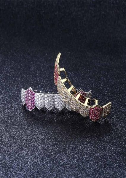 

gold silver color hip hop iced out colorful cz mouth teeth grillz caps bottom grill men women vampire grills jewelry gifts3138444, Black