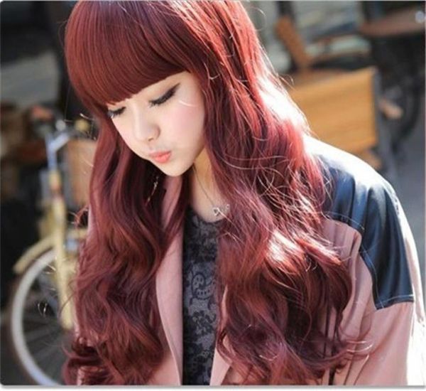 

woodfestival bangs long wine red wig cosplay full burgundy wig curly heat resistant synthetic wigs natural hair women8599598, Black