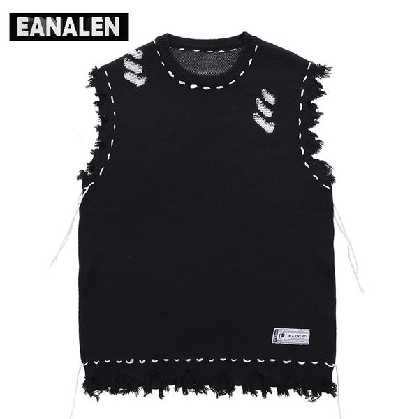 

men's vests harajuku tattered fringed sweater vest women's y2k vintage korean oversized knitted ugly sleeveless sweater men's, Black;white