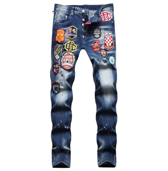

jeans 2021 tattered paint men039s slim hole multi badge stretch d2 skinny beggars pants8167806, Blue
