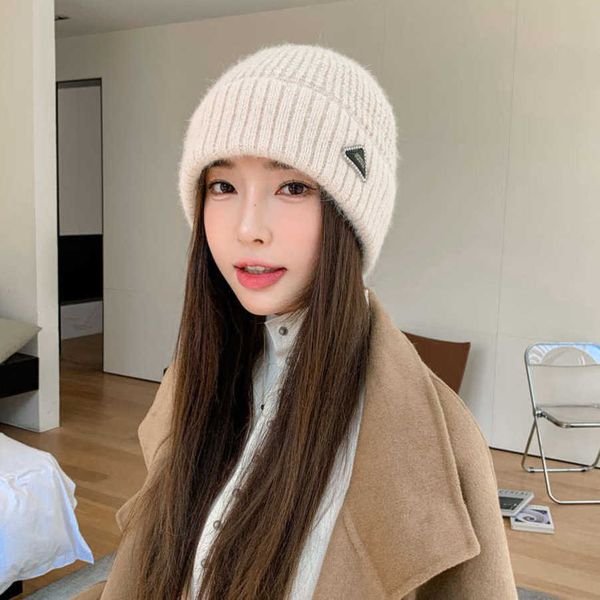 

r luxury hat hat women's solid rabbit hair windproof ear protector knitted with triangle label for warm and showy face small loose larg, Blue;gray