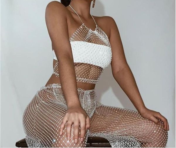 

missord 2019 summer sleeveless round neck crochet bikini blouse hollow out and pants dress ft192651476377, White