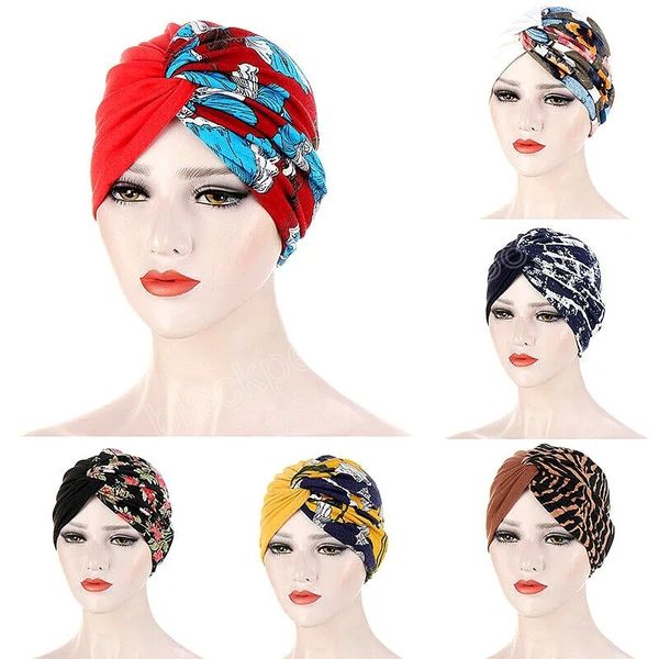 

spring women flower printing turban polyester turban hat headband turbante headwear for chemo hijab hair accessories, Blue;gray