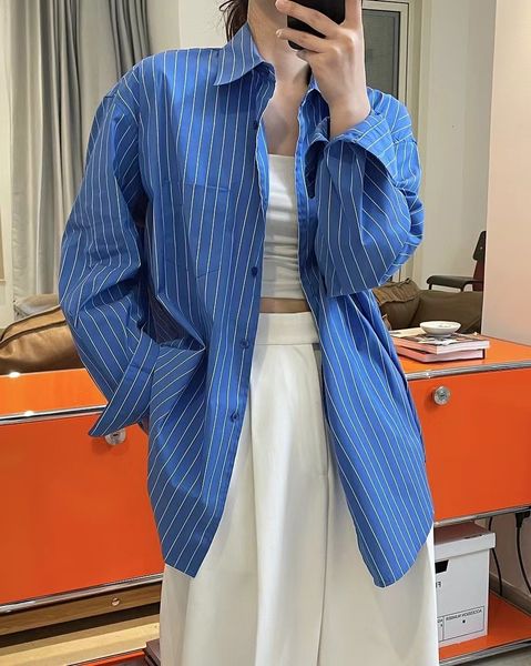 

women's blouses shirts springsummer women's striped polo neck long sleeve pocket decoration loose shirt 230803, White