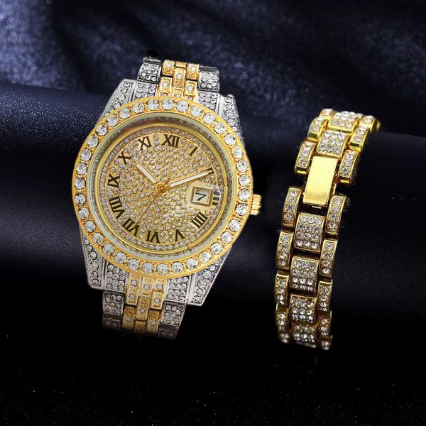 

wristwatches full iced out watches mens bracelet green water ghost bling wriatwatch jewelry for male gold diamond hip hop clocks set reloj 2, Slivery;brown