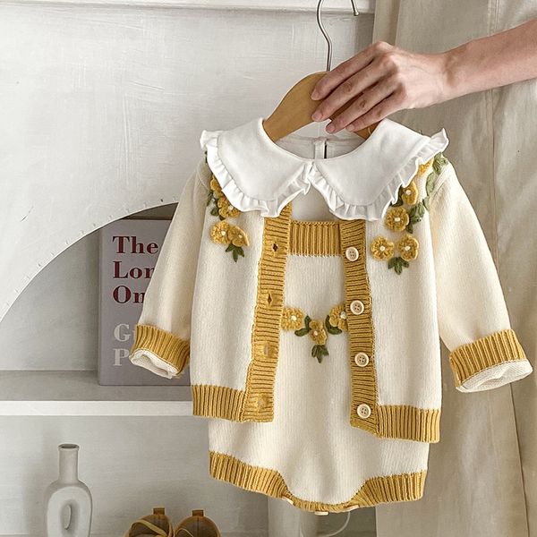 

clothing sets toddler baby girls clothes suit flower embroidery long sleeved knitted cardigan jumpsuit autumn spring children set 230802, White